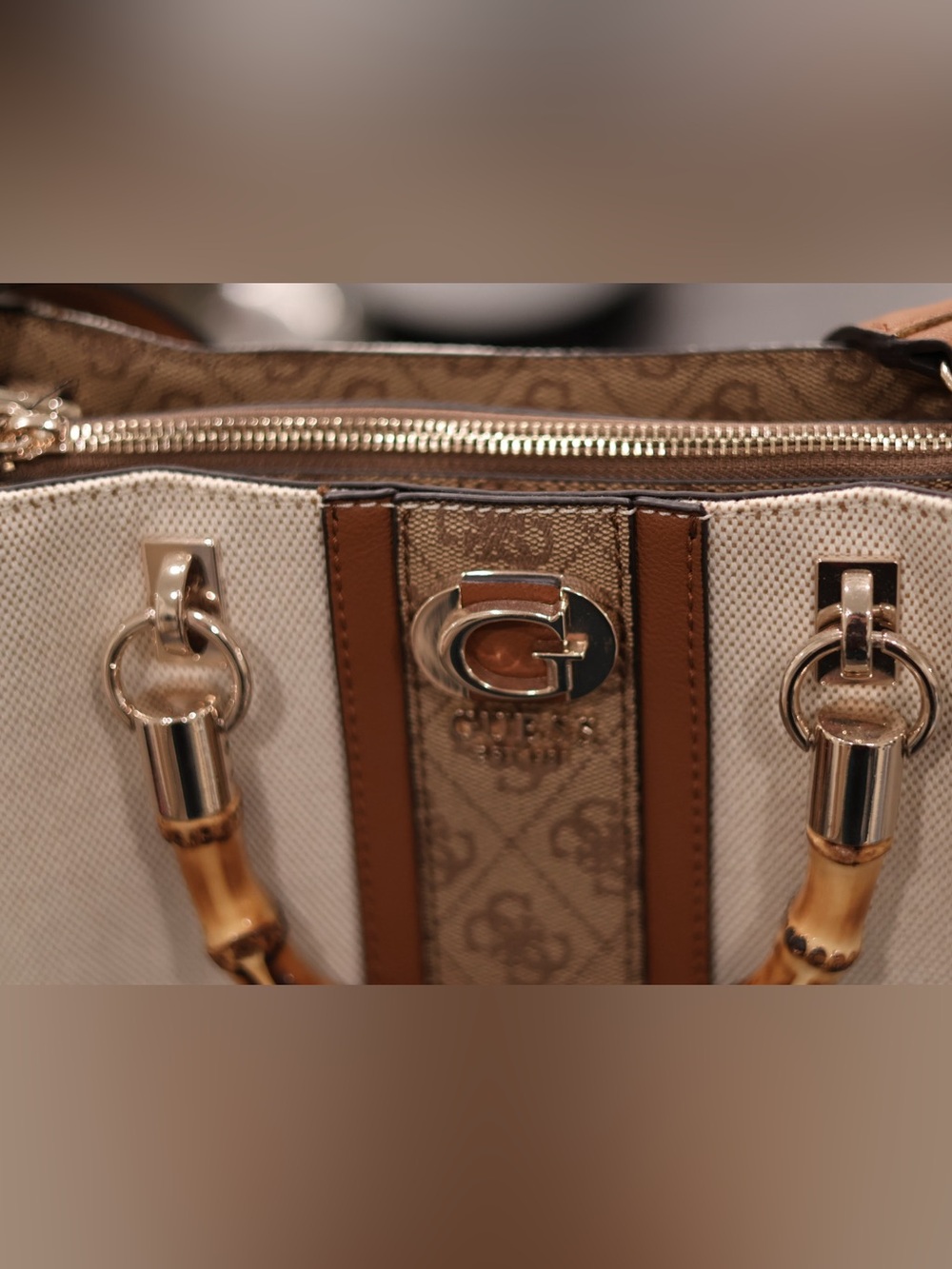 NWT GUESS Monogram Canvas Bamboo Handle Satchel Crossbody Cream & Brown